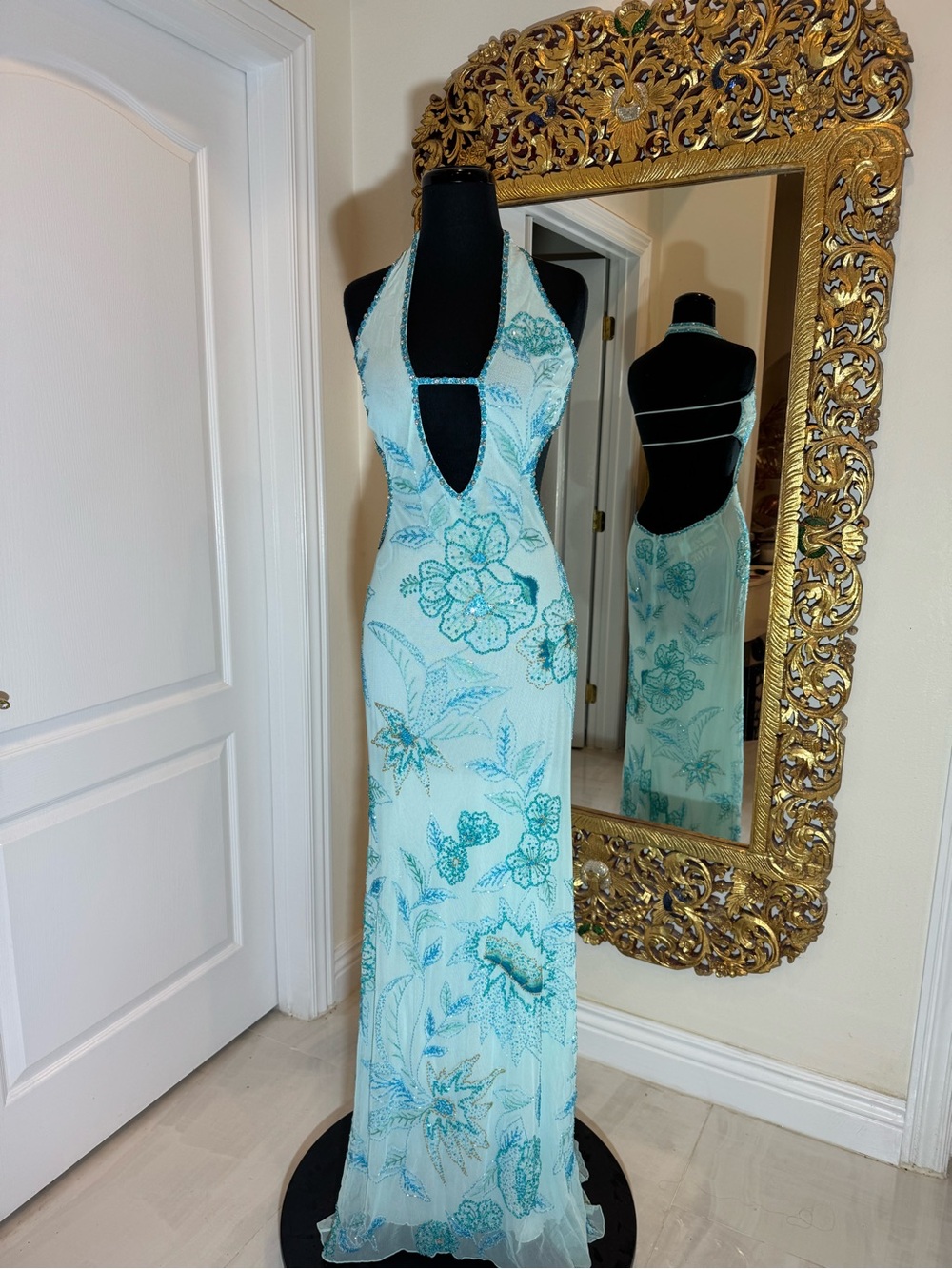 Elegant Light Blue  hand, beaded, and hand embroidered Halter Evening Gown. WOW - Picture 13 of 14